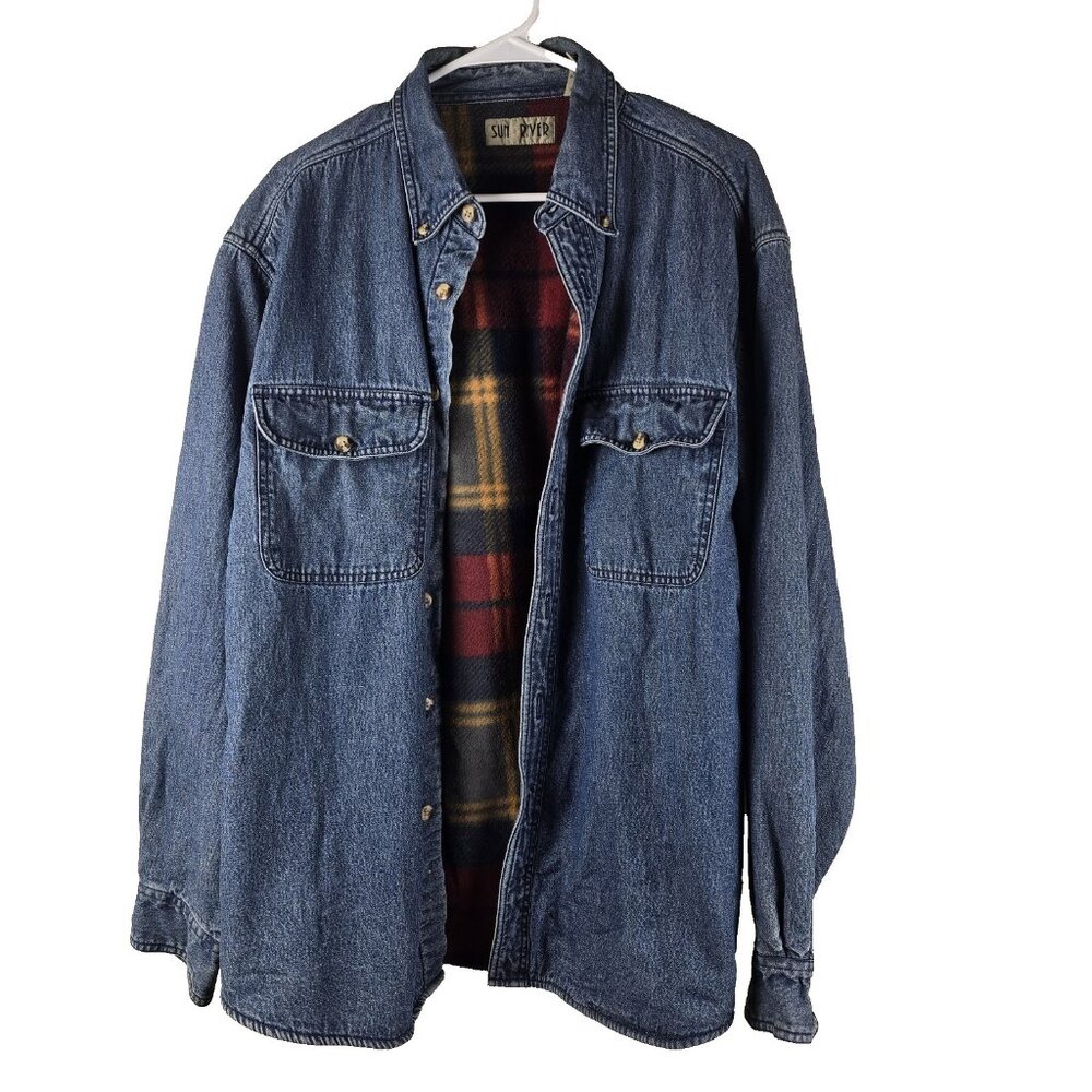 Sun River Fleece Lined Denim Shacket Blue Button Front Heavy Work Shirt L‎